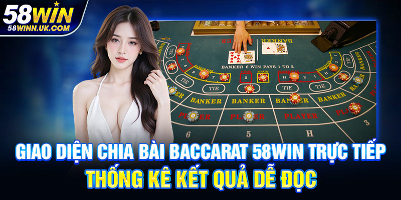 Giao diện chia bài Baccarat 58WIN trực tiếp, thống kê kết quả dễ đọc